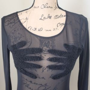 Black Mesh Bodysuit with Embroidered Hand Print